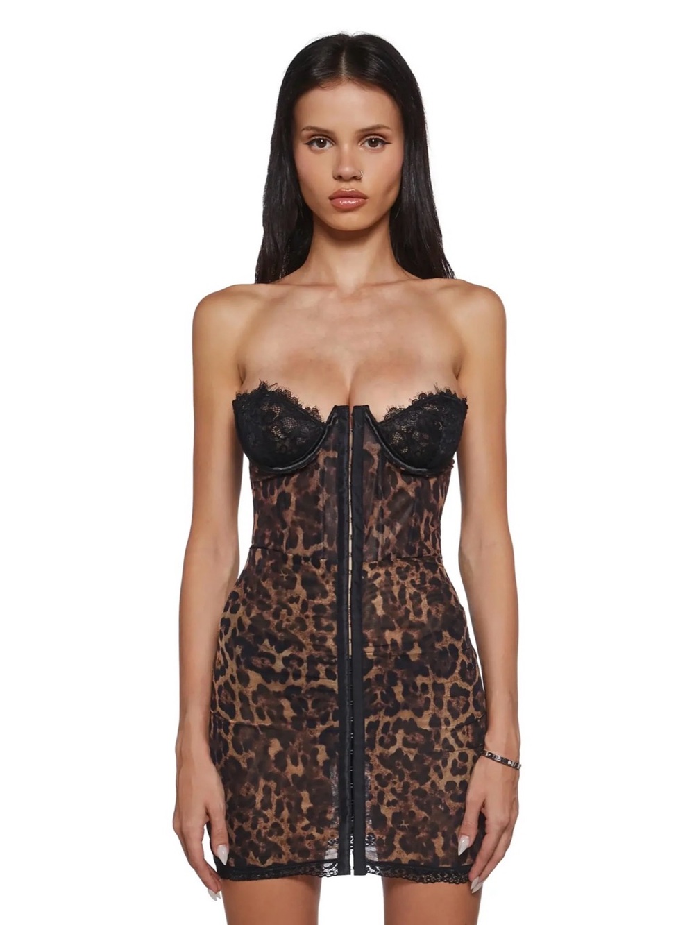 NWT Dolls Kill Leopard Lace Bustier Dress - Brown & Black